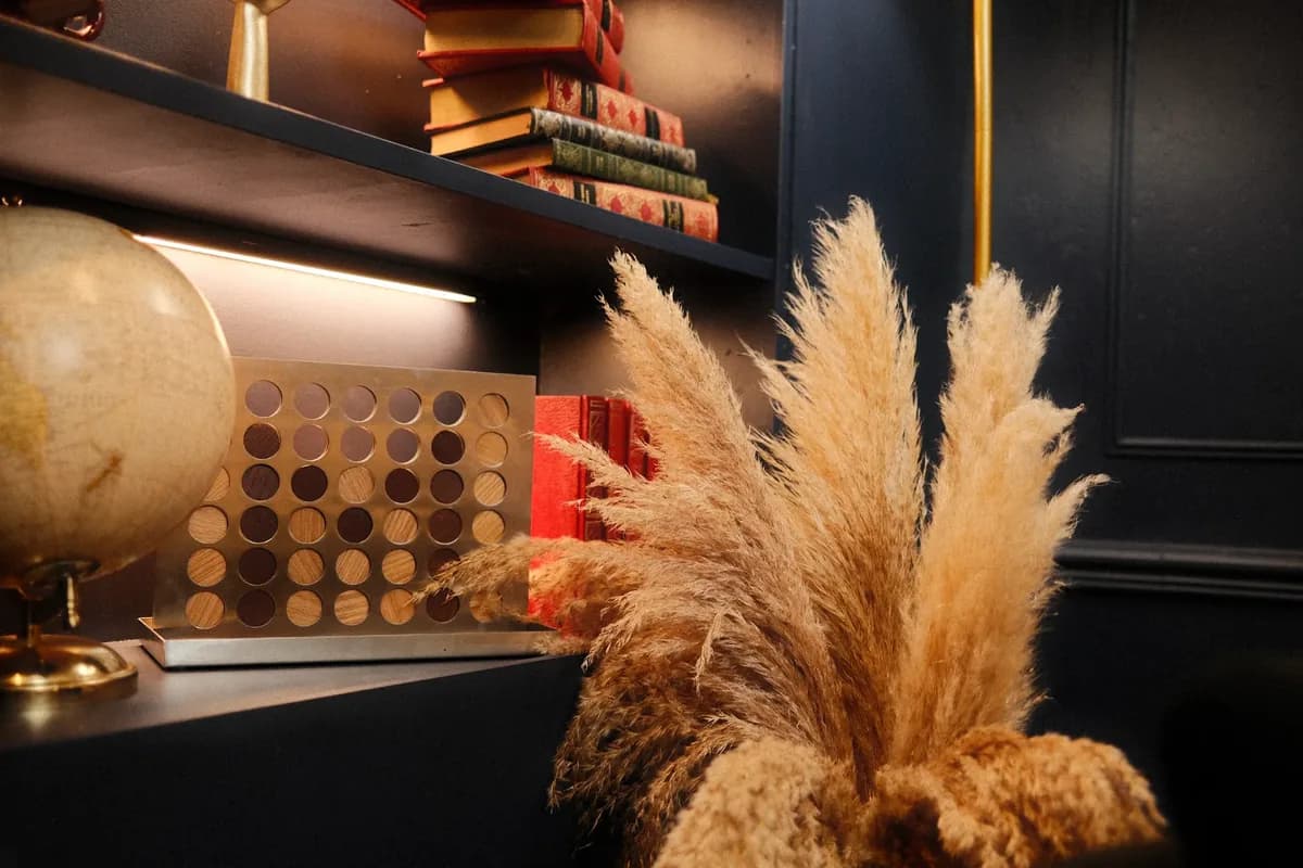 Détails du décor Vénus du studio podcast KOSMOS à Bordeaux : globe, livres anciens et herbes de la pampa