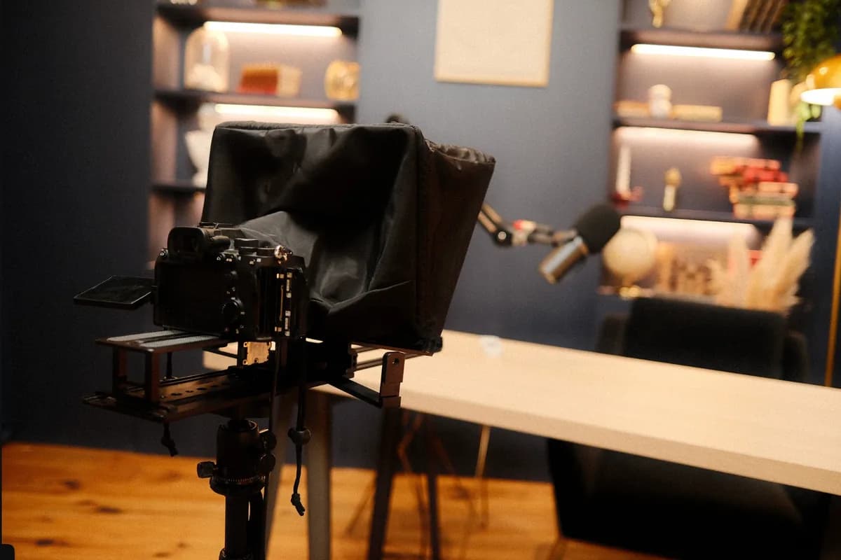Caméra équipée d'un prompteur, prête pour un tournage au studio podcast KOSMOS à Bordeaux