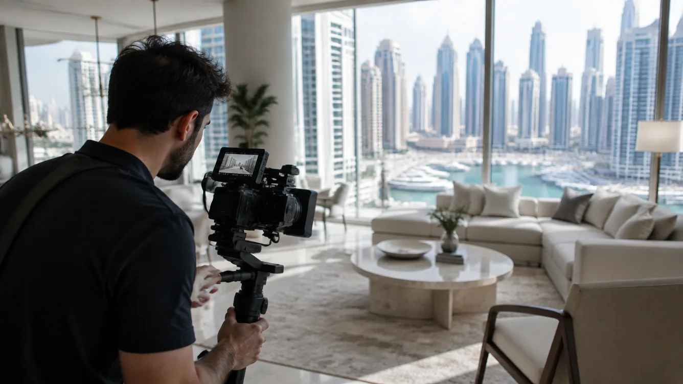 Videographer filming an apartment overlooking Dubai Marina